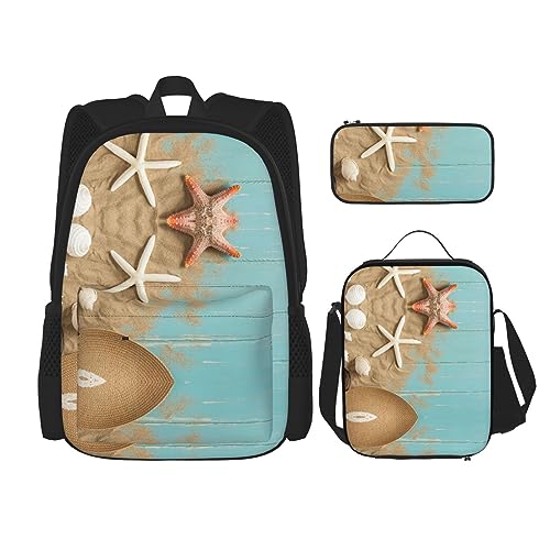 MDATT Glitzer Muster Rucksack für Mädchen Büchertaschen Schule mit Lunchbox und Federmäppchen 3 in 1 Schultaschen Set, Seestern und Muscheln, Einheitsgröße von MDATT