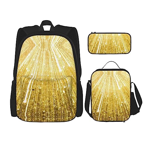 MDATT Gold Bling Rucksack für Mädchen Büchertaschen Schule mit Lunchbox und Federmäppchen 3 in 1 Schultaschen Set, Gold Bling, Einheitsgröße von MDATT
