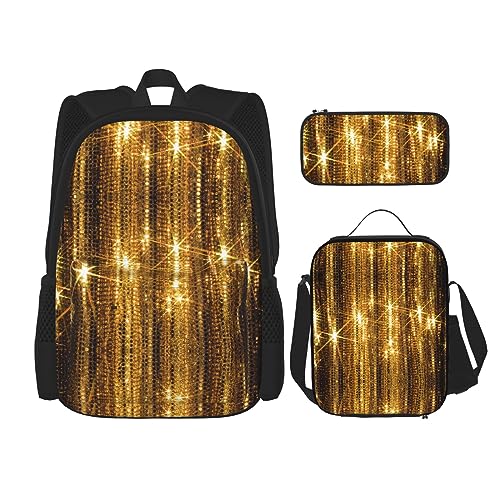 MDATT Gold Bling Rucksack für Mädchen Büchertaschen Schule mit Lunchbox und Federmäppchen 3 in 1 Schultaschen Set, Goldfarbene Pailletten., Einheitsgröße von MDATT