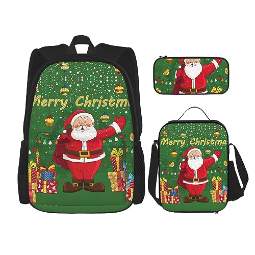 MDATT Gold Bling Rucksack für Mädchen Büchertaschen Schule mit Lunchbox und Federmäppchen 3 in 1 Schultaschen Set, Weihnachtsmann, Einheitsgröße von MDATT