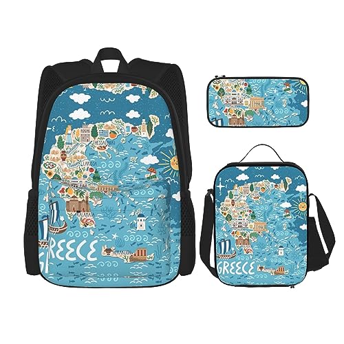 MDATT Griechenland Karte Rucksack für Mädchen Büchertaschen Schule mit Lunchbox und Federmäppchen 3 in 1 Schultaschen Set, Griechenland-Karte, Einheitsgröße von MDATT