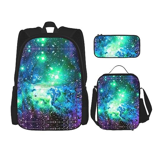 MDATT Griechenland Karte Rucksack für Mädchen Büchertaschen Schule mit Lunchbox und Federmäppchen 3 in 1 Schultaschen Set, Grün Blau Lila Galaxy, Einheitsgröße von MDATT