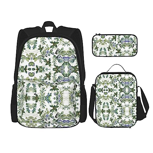 MDATT Griechenland Karte Rucksack für Mädchen Büchertaschen Schule mit Lunchbox und Federmäppchen 3 in 1 Schultaschen Set, Grüne Eukalyptusblätter, Einheitsgröße von MDATT