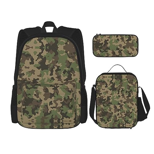 MDATT Griechenland Karte Rucksack für Mädchen Büchertaschen Schule mit Lunchbox und Federmäppchen 3 in 1 Schultaschen Set, grün camo, Einheitsgröße von MDATT