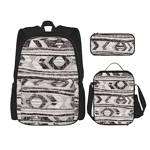 MDATT Gymnastik Spiel Rucksack für Mädchen Büchertaschen Schule mit Lunchbox und Federmäppchen 3 in 1 Schultaschen Set, Graues Tribal, Einheitsgröße von MDATT