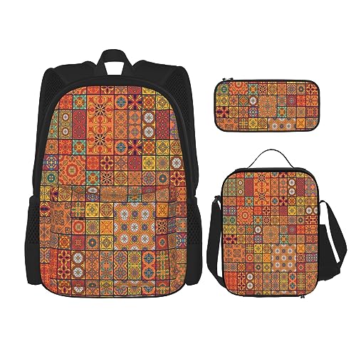 MDATT Gymnastik Spiel Rucksack für Mädchen Büchertaschen Schule mit Lunchbox und Federmäppchen 3 in 1 Schultaschen Set, Gruppe von marokkanischen geometrischen Formen, Einheitsgröße von MDATT