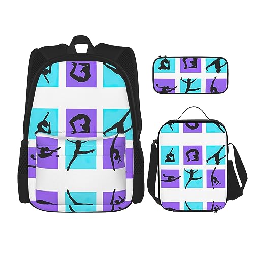 MDATT Gymnastik Spiel Rucksack für Mädchen Büchertaschen Schule mit Lunchbox und Federmäppchen 3 in 1 Schultaschen Set, Gymnastikspiel, Einheitsgröße, Modern von MDATT