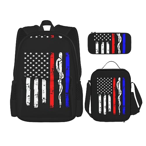 MDATT Gymnastik Spiel Rucksack für Mädchen Büchertaschen Schule mit Lunchbox und Federmäppchen 3 in 1 Schultaschen Set, Red Stripe Firefighter USA-Flagge, Einheitsgröße von MDATT