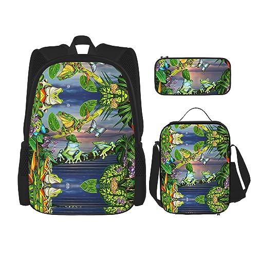 MDATT Gymnastik Spiel Rucksack für Mädchen Büchertaschen Schule mit Lunchbox und Federmäppchen 3 in 1 Schultaschen Set, Viele Frösche singen auf den Zweigen, Einheitsgröße von MDATT