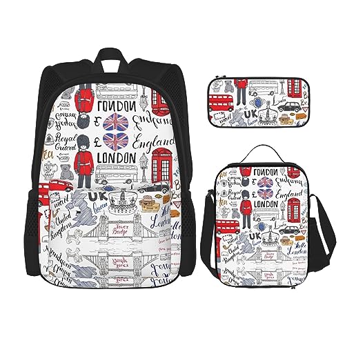 MDATT Hahnentritt-Rucksack für Mädchen, Büchertaschen, Schule, mit Lunchbox und Federmäppchen, 3-in-1-Schultaschen-Set, Schwarz, I Love London, Einheitsgröße von MDATT