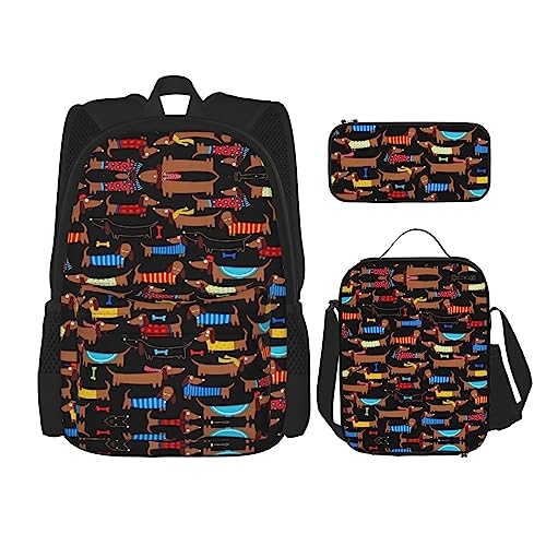 MDATT Hahnentritt-Rucksack für Mädchen, Büchertaschen, Schule, mit Lunchbox und Federmäppchen, 3-in-1-Schultaschen-Set, Schwarz, I Love My Dog Dachshunds, Einheitsgröße von MDATT