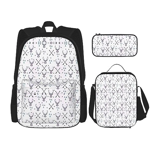 MDATT Hahnentritt-Rucksack für Mädchen, Büchertaschen, Schule, mit Lunchbox und Federmäppchen, 3-in-1-Schultaschen-Set, Schwarz, Jagdpfeile Dreiecke Hirsch, Einheitsgröße von MDATT