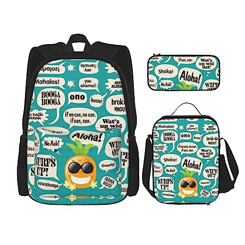 MDATT Halloween Kürbis Muster Rucksack für Mädchen Büchertaschen Schule mit Lunchbox und Federmäppchen 3 in 1 Schultaschen Set, Hawaiianische Sprüche, Einheitsgröße von MDATT