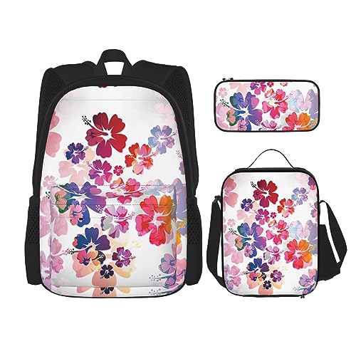 MDATT Halloween Kürbis Muster Rucksack für Mädchen Büchertaschen Schule mit Lunchbox und Federmäppchen 3 in 1 Schultaschen Set, Hawaiianischer Blumendruck, Einheitsgröße von MDATT