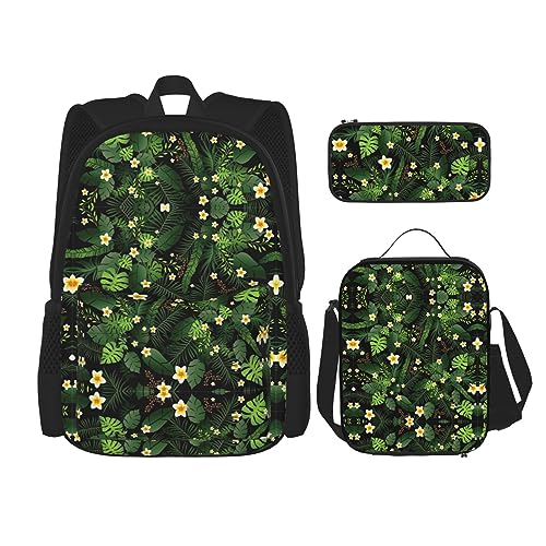 MDATT Hawaiianische tropische Blätter Blumen Rucksack für Mädchen Büchertaschen Schule mit Lunchbox und Federmäppchen 3 in 1 Schultaschen Set, Hawaiian, Einheitsgröße von MDATT