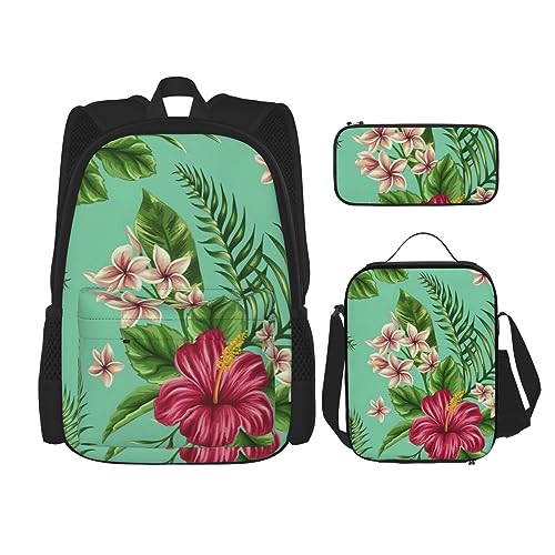 MDATT Hawaiianische tropische Blätter Blumen Rucksack für Mädchen Büchertaschen Schule mit Lunchbox und Federmäppchen 3 in 1 Schultaschen Set, Hawaiianische tropische Blätter Blumen, Einheitsgröße von MDATT