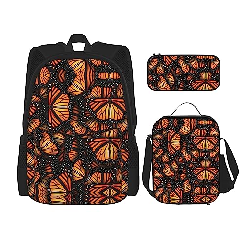 MDATT Hawaiianische tropische Blätter Blumen Rucksack für Mädchen Büchertaschen Schule mit Lunchbox und Federmäppchen 3 in 1 Schultaschen Set, Heaps of Orange Monarch Schmetterlinge, Einheitsgröße von MDATT