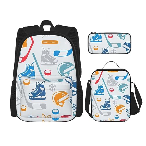 MDATT Hawaiianische tropische Blätter Blumen Rucksack für Mädchen Büchertaschen Schule mit Lunchbox und Federmäppchen 3 in 1 Schultaschen Set, Hockey Elements Kreatives Muster, Einheitsgröße von MDATT