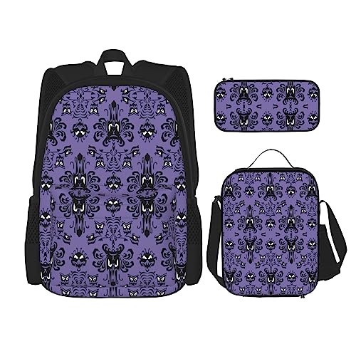 MDATT Hawaiianische tropische Blätter Blumen Rucksack für Mädchen Büchertaschen Schule mit Lunchbox und Federmäppchen 3 in 1 Schultaschen Set, Horror-Muster auf violettem Hintergrund, Einheitsgröße von MDATT