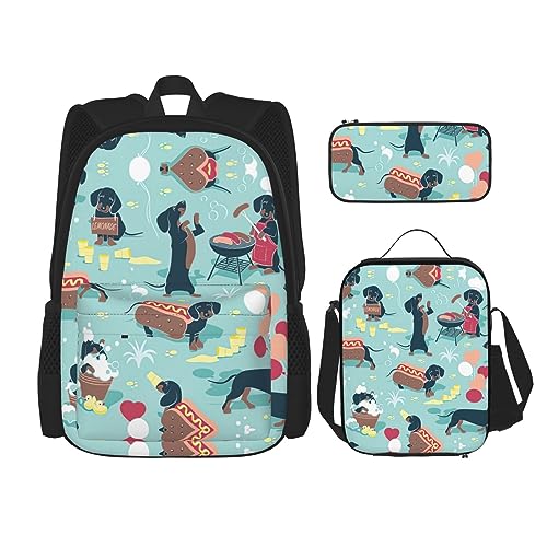 MDATT Hawaiianische tropische Blätter Blumen Rucksack für Mädchen Büchertaschen Schule mit Lunchbox und Federmäppchen 3 in 1 Schultaschen Set, Hot Dogs und Lemonade, Einheitsgröße von MDATT