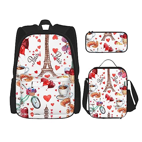 MDATT Lodge Bear Hirsch Fisch Rucksack für Mädchen Büchertaschen Schule mit Lunchbox und Federmäppchen 3 in 1 Schultaschen Set, Love Paris Fahrrad-Herz, Einheitsgröße von MDATT