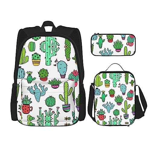 MDATT Lodge Bear Hirsch Fisch Rucksack für Mädchen Büchertaschen Schule mit Lunchbox und Federmäppchen 3 in 1 Schultaschen Set, Lovely Sukkulent, Einheitsgröße von MDATT