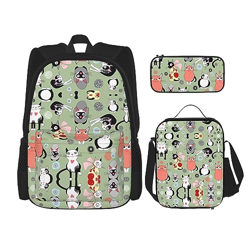 MDATT Lodge Bear Hirsch Fisch Rucksack für Mädchen Büchertaschen Schule mit Lunchbox und Federmäppchen 3 in 1 Schultaschen Set, Niedliche Cartoon-Katzen, Einheitsgröße von MDATT