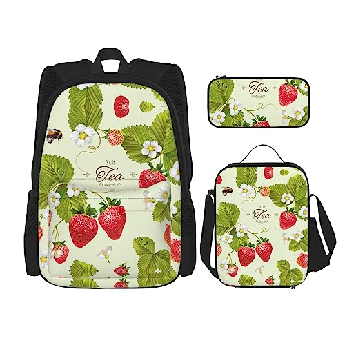 MDATT Lodge Bear Hirsch Fisch Rucksack für Mädchen Büchertaschen Schule mit Lunchbox und Federmäppchen 3 in 1 Schultaschen Set, Schöne Erdbeere, Einheitsgröße von MDATT