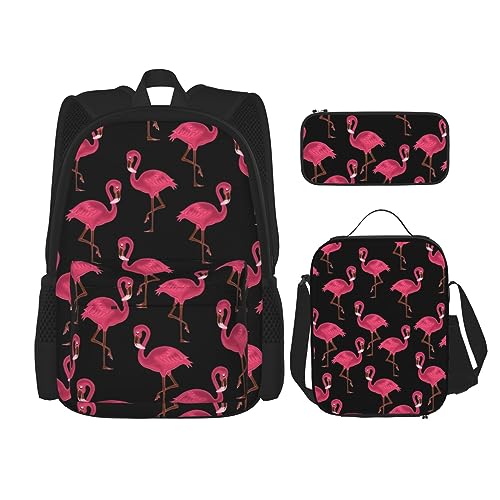 MDATT Lodge Bear Hirsch Fisch Rucksack für Mädchen Büchertaschen Schule mit Lunchbox und Federmäppchen 3 in 1 Schultaschen Set, Schöne rosa Flamingos, Einheitsgröße von MDATT