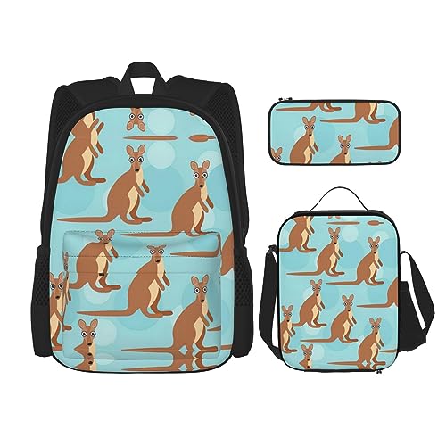 MDATT Lustiger Rucksack mit Leopardenmuster für Mädchen, Büchertaschen, Schule mit Lunchbox und Federmäppchen, 3-in-1-Schultaschen-Set, Lustig für Känguru-Zoo, Einheitsgröße von MDATT