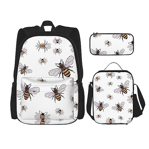 MDATT Lustiger Rucksack mit Leopardenmuster für Mädchen, Büchertaschen, Schule mit Lunchbox und Federmäppchen, 3-in-1-Schultaschen-Set, Lustige Bienen, Einheitsgröße von MDATT