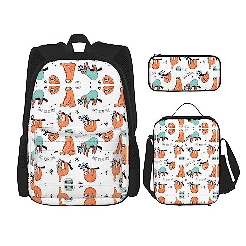 MDATT Lustiger Rucksack mit Leopardenmuster für Mädchen, Büchertaschen, Schule mit Lunchbox und Federmäppchen, 3-in-1-Schultaschen-Set, Lustige niedliche Tier-Faultier-Musik, Einheitsgröße von MDATT