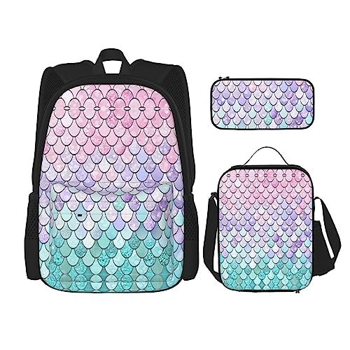 MDATT Mathematikunterricht Word Rucksack für Mädchen Büchertaschen Schule mit Lunchbox und Federmäppchen 3 in 1 Schultaschen Set, Meerjungfrau Rosa Lila, Einheitsgröße von MDATT