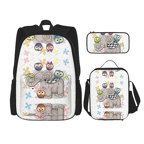 MDATT Meerschweinchen Rucksack für Mädchen Büchertaschen Schule mit Lunchbox und Federmäppchen 3 in 1 Schultaschen Set, Cartoon Elefant und Eulen Floral, Einheitsgröße von MDATT