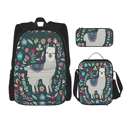 MDATT Meerschweinchen Rucksack für Mädchen Büchertaschen Schule mit Lunchbox und Federmäppchen 3 in 1 Schultaschen Set, Niedliches Lama-Blumenmuster, Einheitsgröße von MDATT