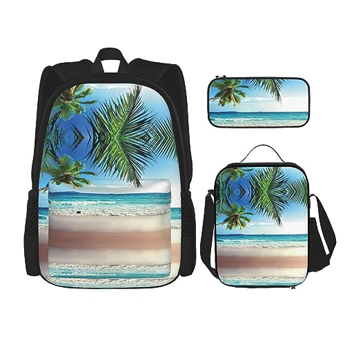 MDATT Meerschweinchen Rucksack für Mädchen Büchertaschen Schule mit Lunchbox und Federmäppchen 3 in 1 Schultaschen Set, Tropische Palme Hawaii Strand, Einheitsgröße von MDATT