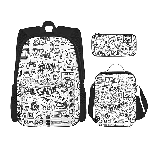 MDATT Mexikanische Salsa Symbole Rucksack für Mädchen Büchertaschen Schule mit Lunchbox und Federmäppchen 3 in 1 Schultaschen Set, Einfarbige Gaming-Skizzene, Einheitsgröße von MDATT