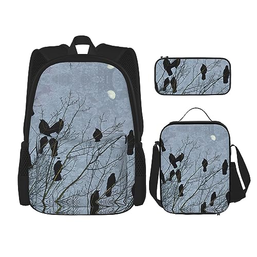 MDATT Mexikanische Salsa Symbole Rucksack für Mädchen Büchertaschen Schule mit Lunchbox und Federmäppchen 3 in 1 Schultaschen Set, Schwarze Krähe mit Vögeln, Einheitsgröße von MDATT