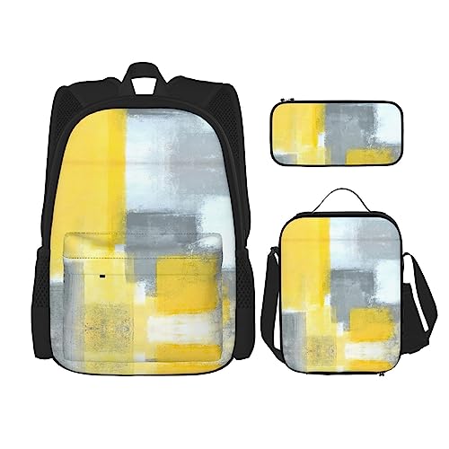 MDATT Romantischer Lavendel Rucksack für Mädchen Büchertaschen Schule mit Lunchbox und Federmäppchen 3 in 1 Schultaschen Set, Abstrakte Kunstmalerei in Grau und Gelb, Einheitsgröße von MDATT