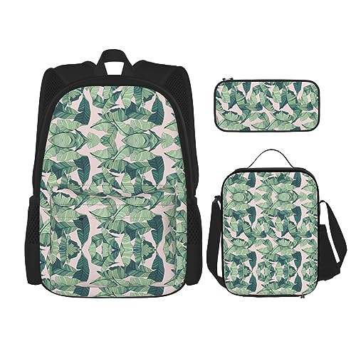 MDATT Romantischer Lavendel Rucksack für Mädchen Büchertaschen Schule mit Lunchbox und Federmäppchen 3 in 1 Schultaschen Set, Grün Palmenblätter Rosa, Einheitsgröße von MDATT