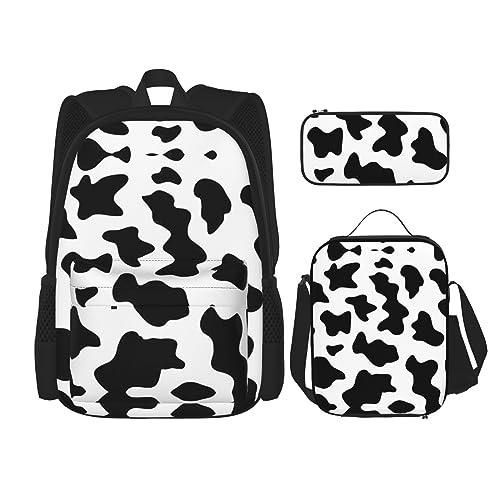 MDATT Rucksack mit Totenkopf-Motiv, Schwarz und Weiß, für Mädchen, Büchertaschen, Schule mit Lunchbox und Federmäppchen, 3-in-1-Schultaschen-Set, Schwarz-weißer Kuhdruck, Einheitsgröße von MDATT