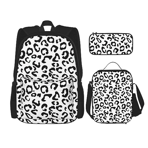 MDATT Rucksack mit Totenkopf-Motiv, Schwarz und Weiß, für Mädchen, Büchertaschen, Schule mit Lunchbox und Federmäppchen, 3-in-1-Schultaschen-Set, Schwarz-weißes Leopardenmuster, Einheitsgröße von MDATT