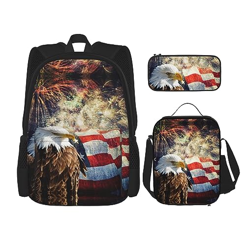 MDATT Rucksack mit amerikanischer Spanien-Flagge für Mädchen, Büchertaschen, Schule mit Lunchbox und Federmäppchen, 3-in-1-Schultaschen-Set, American Flag Fire Eagle, Einheitsgröße von MDATT