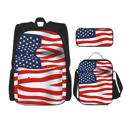 MDATT Rucksack mit amerikanischer Spanien-Flagge für Mädchen, Büchertaschen, Schule mit Lunchbox und Federmäppchen, 3-in-1-Schultaschen-Set, Amerikanische Flagge Patriotisch, Einheitsgröße von MDATT