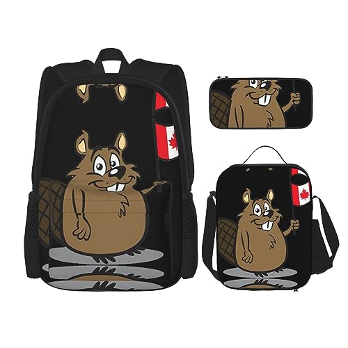 MDATT Rucksack mit schwarzen und weißen Katzen für Mädchen, Büchertaschen, Schule mit Lunchbox und Federmäppchen, 3-in-1-Schultaschen-Set, Biber, Einheitsgröße von MDATT