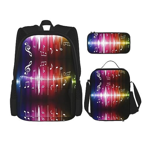 MDATT Rucksack mit unendlichem gesprenkeltem Muster für Mädchen, Büchertaschen, Schule mit Lunchbox und Federmäppchen, 3-in-1-Schultaschen-Set, Springende Musiknoten, Einheitsgröße von MDATT