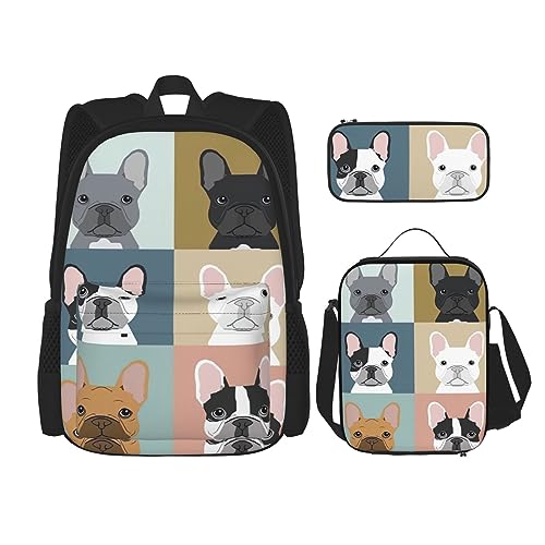 MDATT Sanddünen Rucksack für Mädchen Büchertaschen Schule mit Lunchbox und Federmäppchen 3 in 1 Schultaschen Set, Französische Bulldogge, Einheitsgröße von MDATT