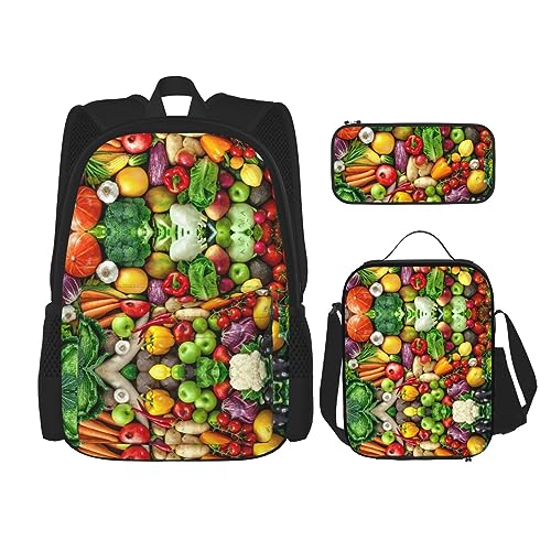 MDATT Sanddünen Rucksack für Mädchen Büchertaschen Schule mit Lunchbox und Federmäppchen 3 in 1 Schultaschen Set, Frisches Obst und Gemüse, Einheitsgröße von MDATT