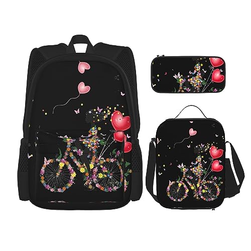 MDATT Sanddünen Rucksack für Mädchen Büchertaschen Schule mit Lunchbox und Federmäppchen 3 in 1 Schultaschen Set, Mädchen Fahrrad Schmetterling (1), Einheitsgröße von MDATT