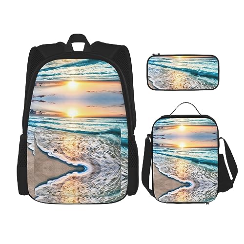 MDATT Schöner Schmetterling Rucksack für Mädchen Büchertaschen Schule mit Lunchbox und Federmäppchen 3 in 1 Schultaschen Set, Beach Sunset Ocean, Einheitsgröße von MDATT